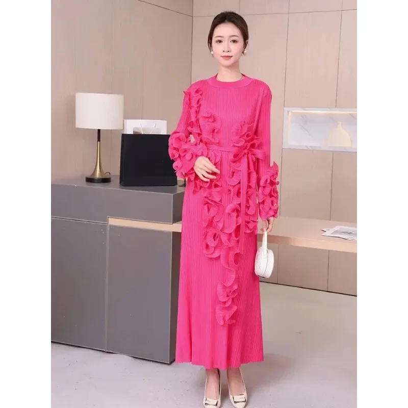 Miyake 2024 Summer new ruffles pleated dress fashion round neck long sleeves belt loose dresses elegant WOMEN\'S clothing