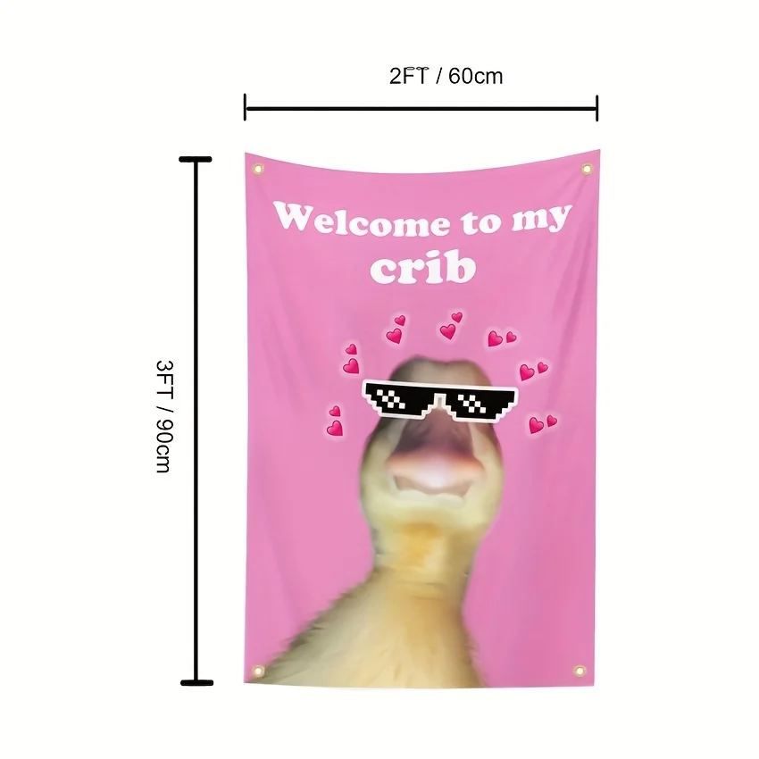 مرحبًا بكم في علم My Crib Duck - نسيج وردي مع تصميم "Welcome to My Crib"، مخيط مزدوج، 4 حلقات نحاسية