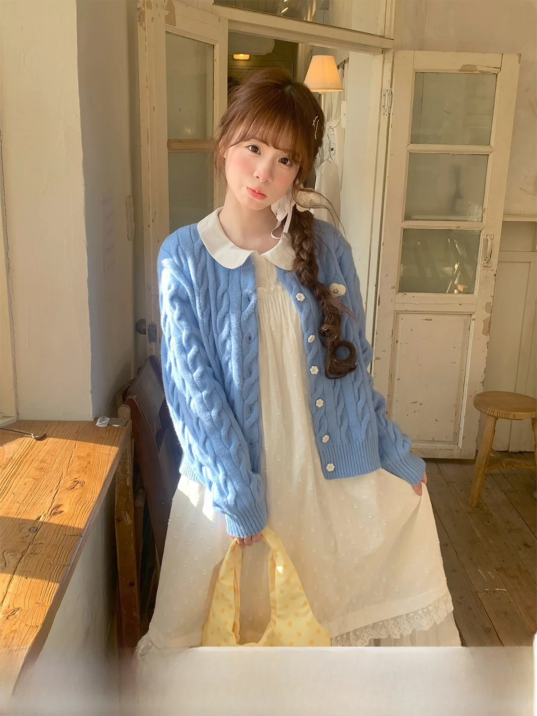 

Sinsingirl Moonlight Nana Blue Knitted Cardigan White Cake Dr Spring Set Girl's Regular Fit Lace Long Sve Pure Color