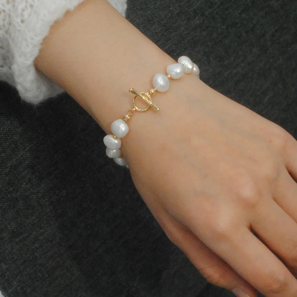 

7-8mm Baroque Freshwater Pearl Bracelet for Women 18cm OT Buckle 18k Gold Plated Female Bracelet Jewelry Gift