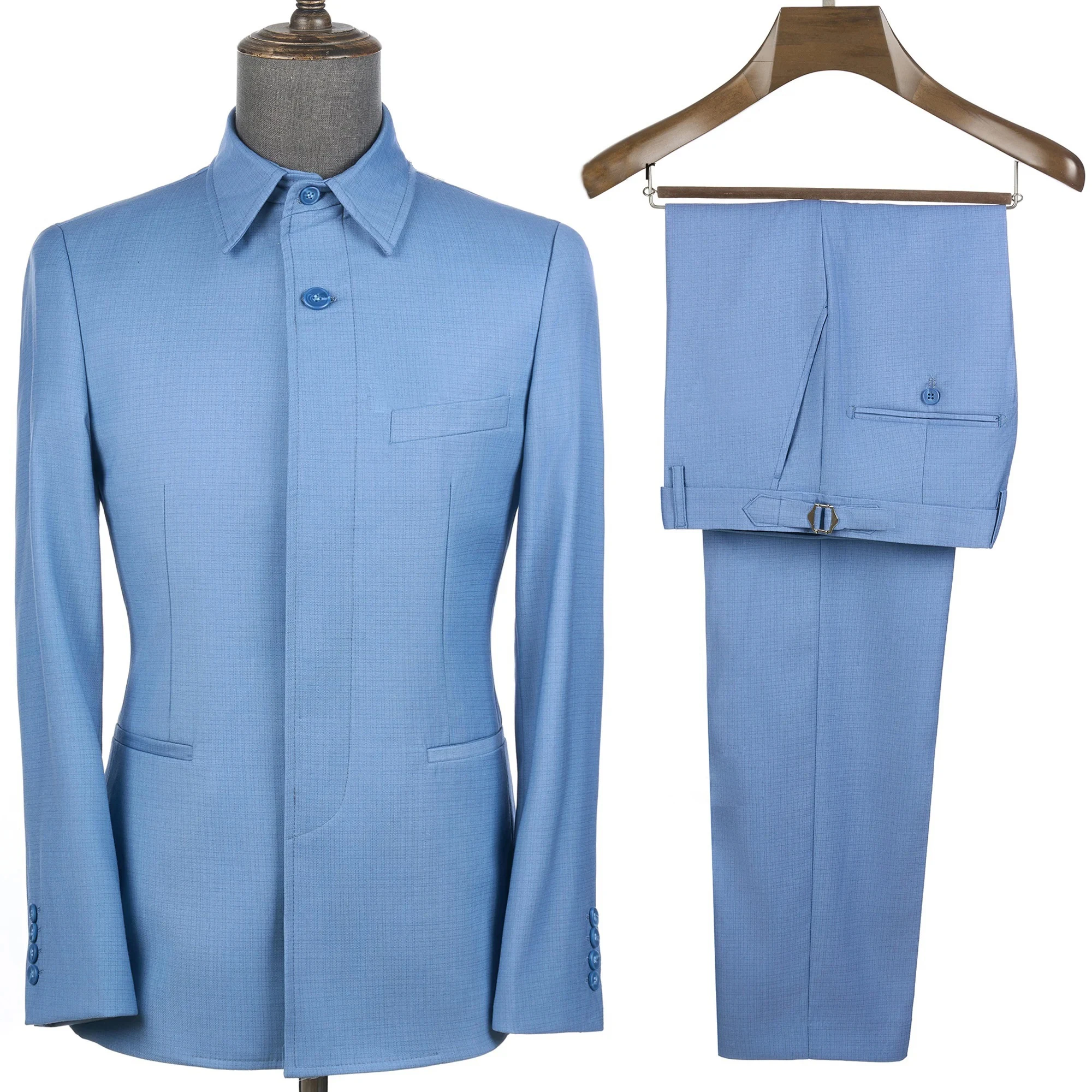 

2026 New Safari Men Suit Sky Blue Business Official Square Collar Jacket Pants 2 PCS Sets Formal CasualDaily Wear