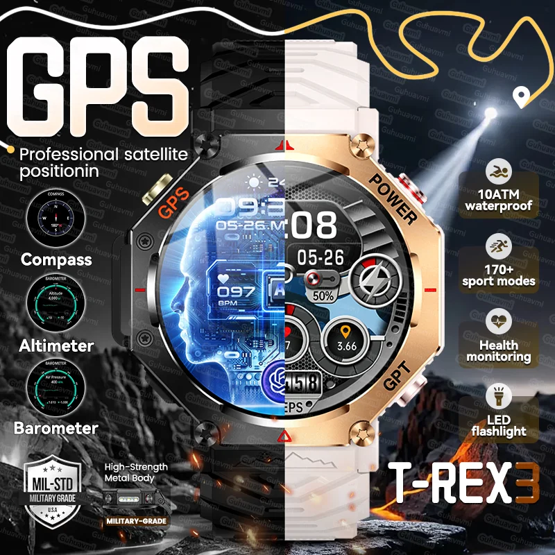 

2025New Military Built-in GPS Smart Watch T-Rex3 Compass Altimeter 10ATM Waterproof 170+sport Mode Bluetooth Call Men Smartwatch