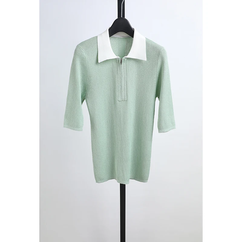 Camiseta de punto informal con cuello a rayas y manga corta elástica para mujer, ropa Awei de moda de verano, transpirable y ...