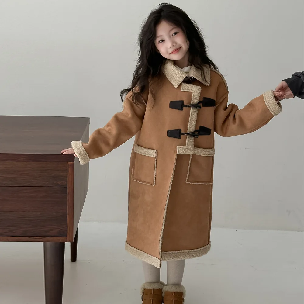 Winter Children Girl Duffle Coat Thicken Irregular Turn-down Collar Kid Girl Overcoat Maillard Style Long Toddler Girl Warm Coat