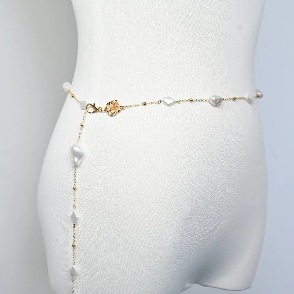 Fashion Adjustable Baroque Waist Chain Bohemian Rose Alloy Belly Chain Flower Imitation Pearl Beach Waistband Women