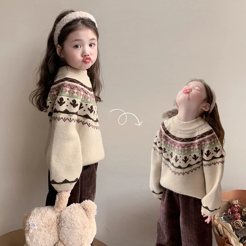 Baby Girls Sweater Fashion Thicken Jacquard Weave Knitted Keep Warm 2024 Winter New Style Childrens Sweater