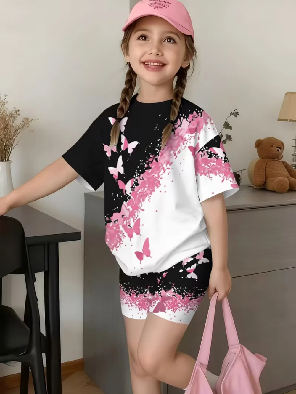 2-Piece Summer Children's Comfortable Cute Butterfly 3D Print Short Sleeve Shorts Set for Boys and Girls Casual Home Outdoor Set