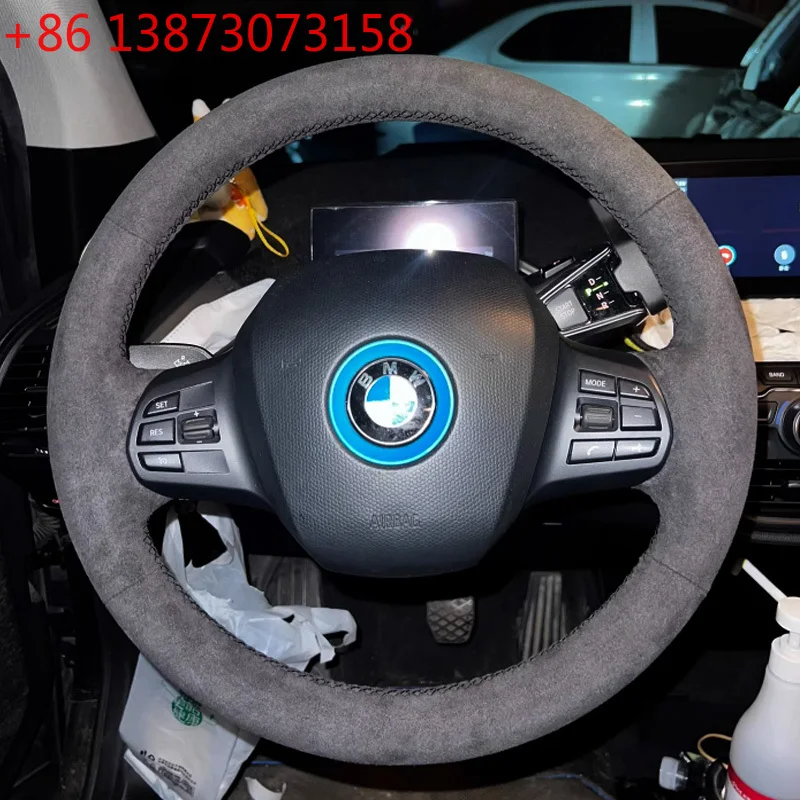 Hand Stitched Black Suede Leather Car Steering Wheel Cover for Bmw i3 2013-2021 Braid Full Coverage Interior