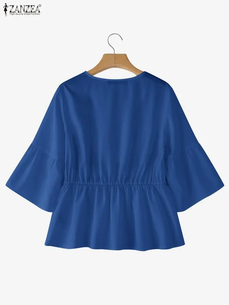 ZANZEA Donna Bohemain Camicetta stampata Camicia estiva Elegante scollo a V Manica a 3/4 Top da vacanza Donna Orlo arricciato Lavoro Blusas Oversize