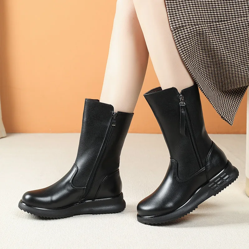 

GKTINOO Platform Fur Warm Snow Boots Women Winter Shoes Mid Calf Boots Genuine Leather Waterproof Boots Black Big Size 35-43