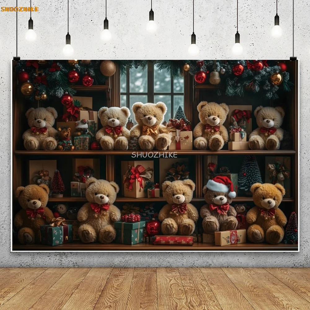 クリスマスの暖炉の背景,クマの写真,子供,赤ちゃん,家族の写真撮影,クラシックなレトロなキャビネット,クリスマスツリー,ギフトの背景