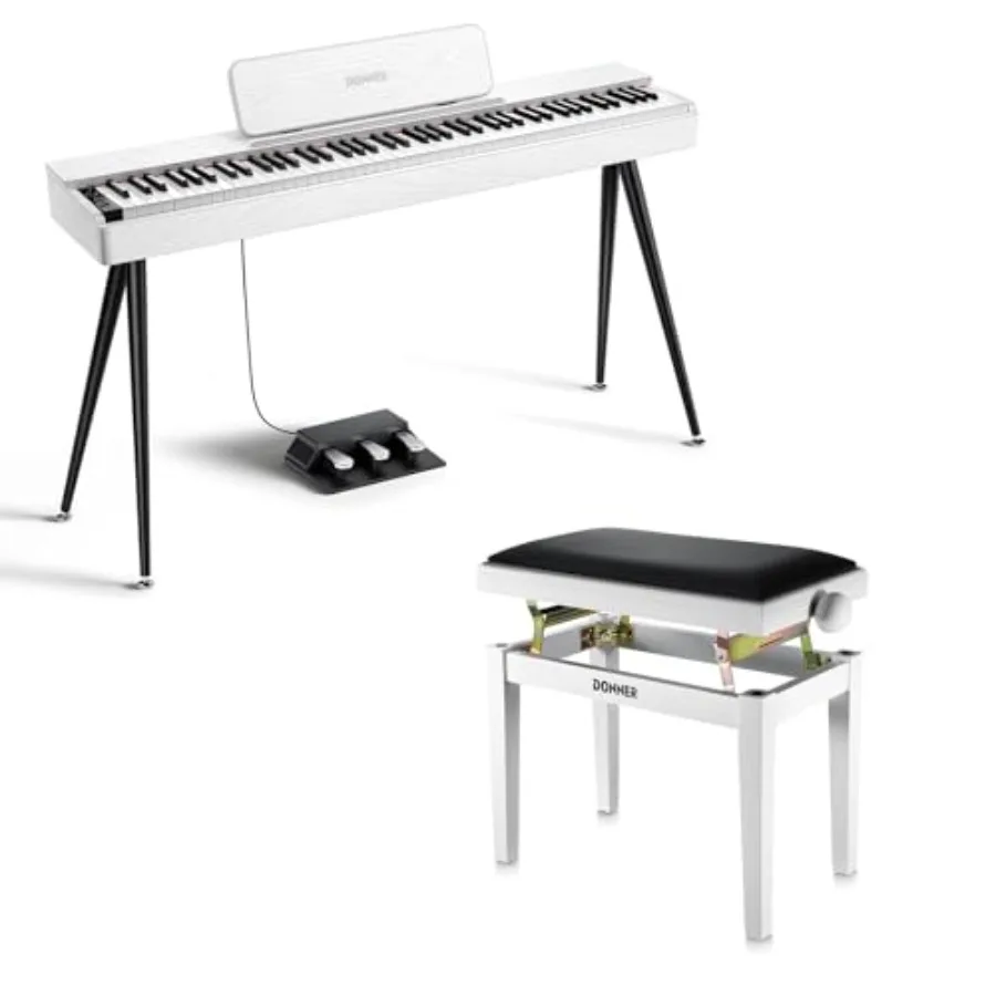 

Digital Piano with 88 Key Graded Hammer Weighted Keyboard in White for Home Studio Use Includes Adjustable Piano Bench