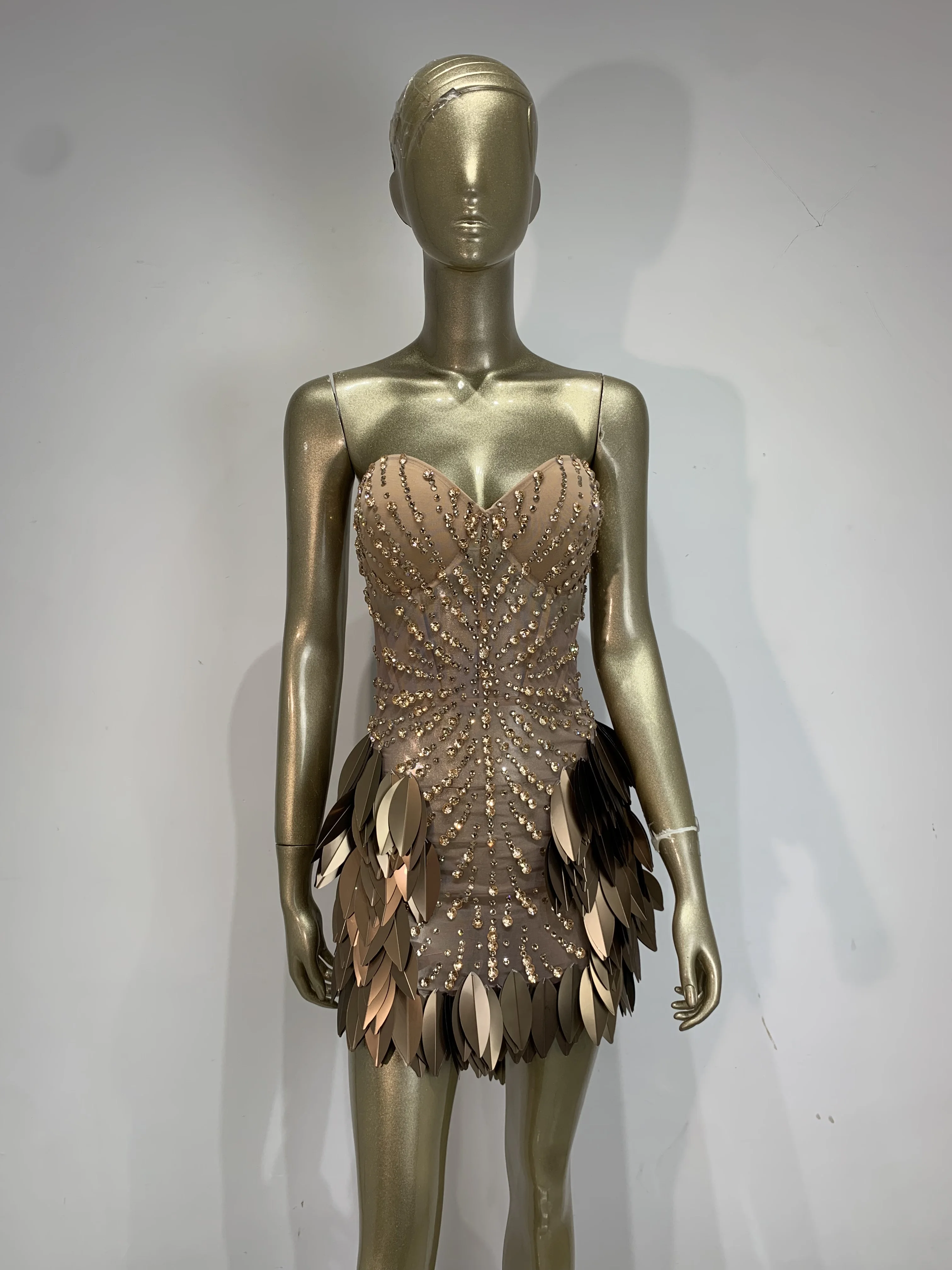 Women Sexy Strapless Mesh See Through Diamonds Leaf Mini Dress Birthday Evening Party Outfit Nightclub Singer Stage Costume