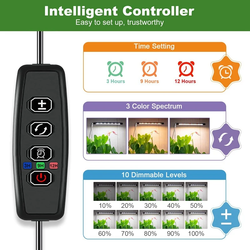 أضواء LED كاملة الطيف لنمو النباتات الداخلية ، ارتفاع قابل للتعديل ، 3 طيف إضاءة ، مؤقت تلقائي ، قابس لنا ، 3 ، 9 ، 12 ساعة