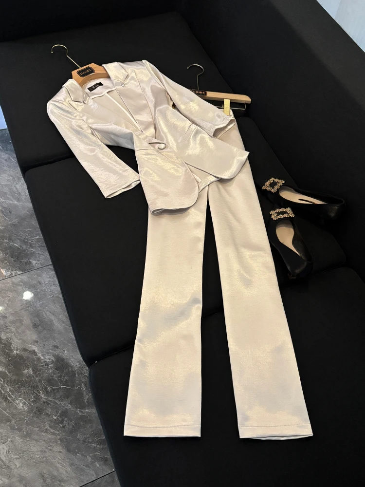 

Ele Желтый ацетатный атласный костюм, простой модный осенний новый Sle Long Sve Commute Sle, женский премиум-класса U0