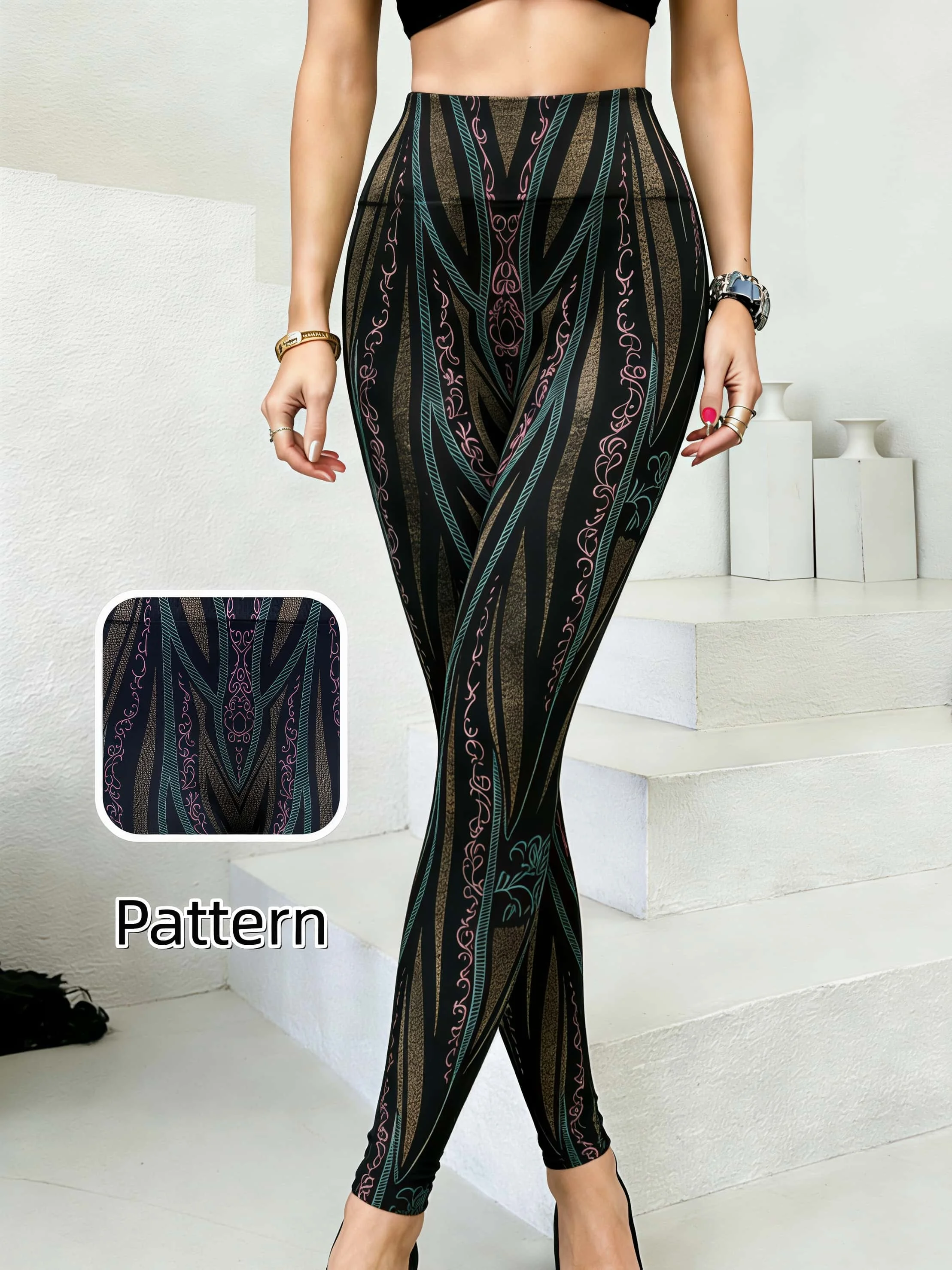 Women's Light Luxury Style Stripe Floral Print Cropped Pants High Waist Stretchy Outdoor Sports Pants For Casual Sports Outings