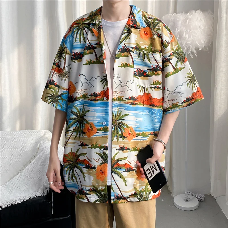 2024 Summer Newest Men Hawaiian Shirt Street Fashion Casual Palm Tree Printing Short Sleeves Shirts Male Holiday Beach Tops