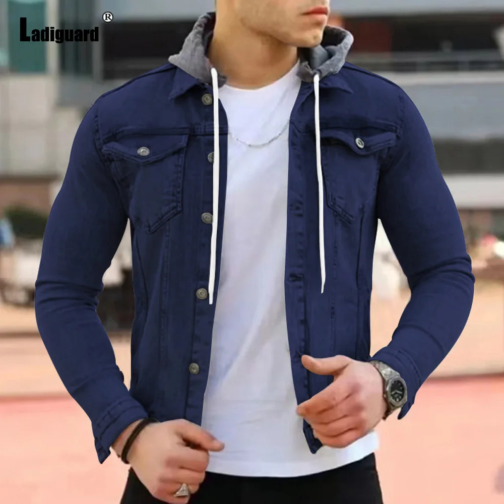 

Ladiguard Single Breasted Denim Jackets Mens Fashion Hooded Jeans Denim Jacket Winter Warm Coat Male Stand Pocket Jean Outerwear