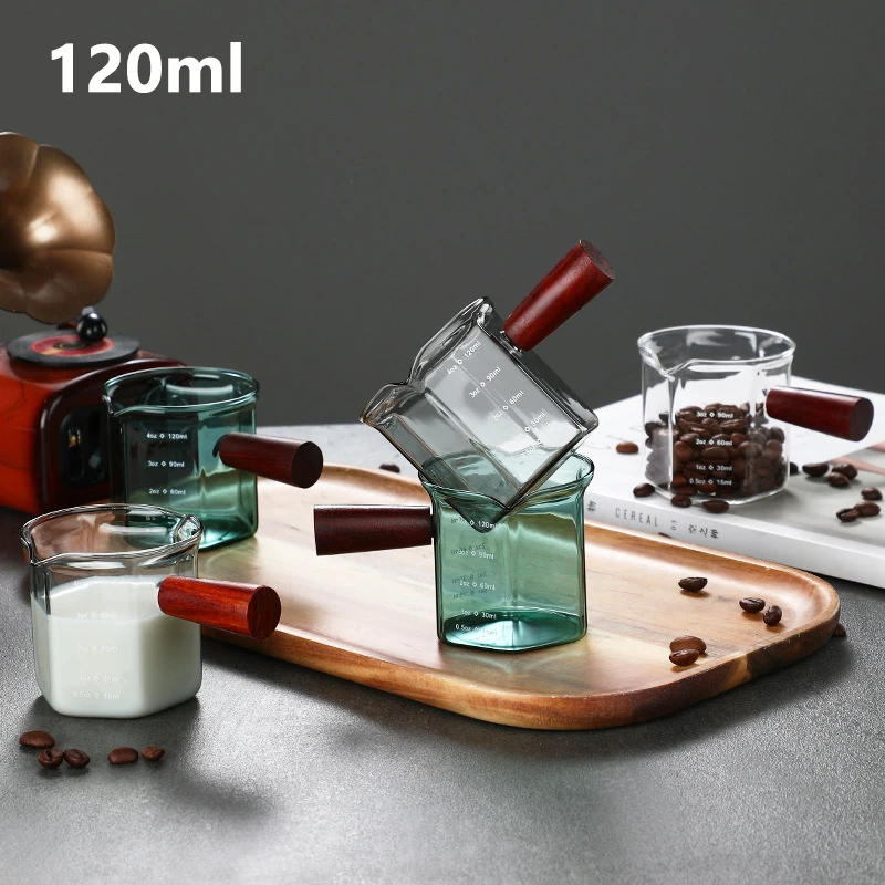 

120ML Wood Handle Glass Espresso Measuring Cup With Scale Coffee Extraction Cup High Temperature Resistance Milk Jug Measure Mug