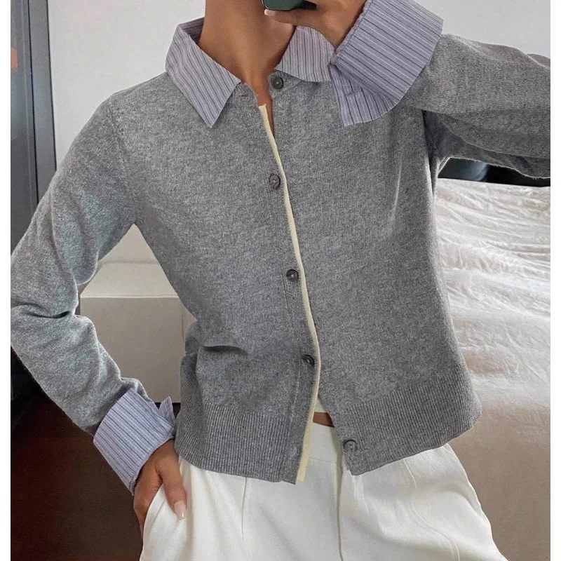 2025 Women's Gray Polo Collar Fake Two-piece Knitted Cardigan Autumn Design Top