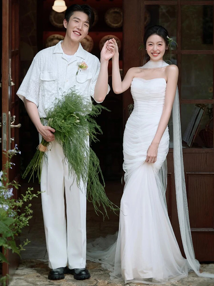 

Bridesmaid Gown Shoulder Strap Satin Wedding Dress Simple Elegant Outbound Bride Dress White Fairy Tale Fish Tail Gown