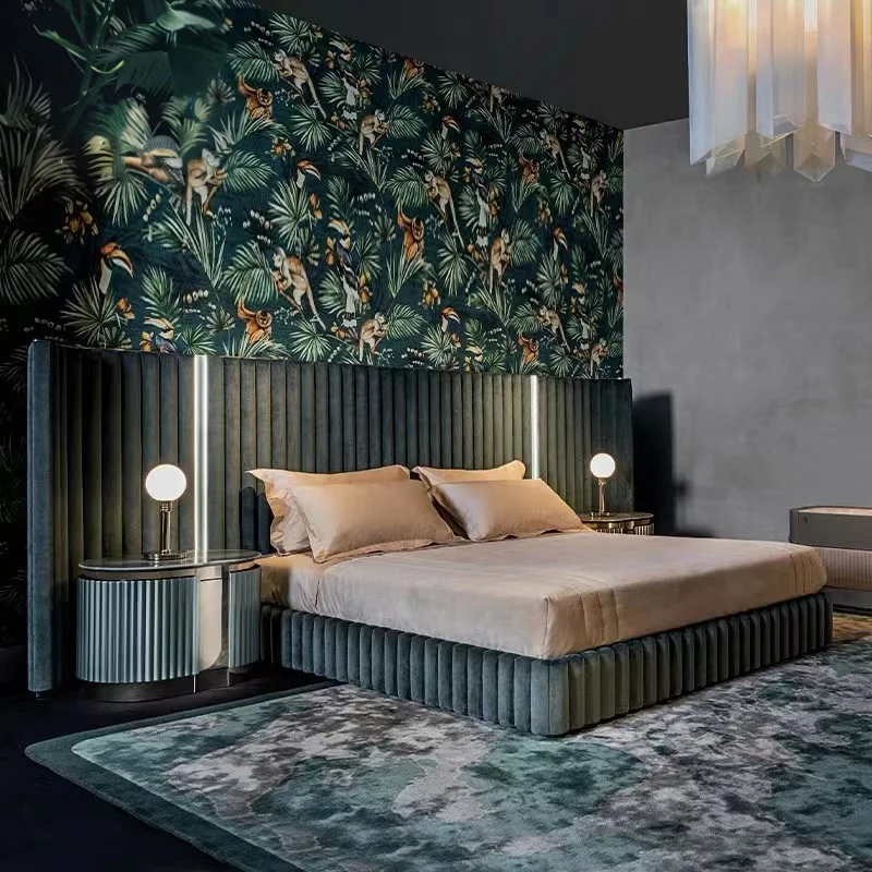 High-end luxury home bedroom bed stainless steel frame velvet