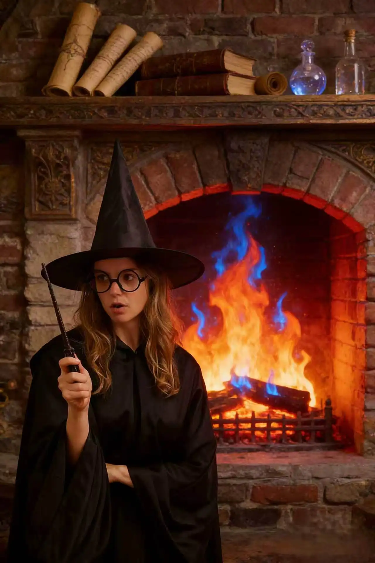 Halloween Wizard Costume Accessory Set Black Witch Hat Round Glasses Magic Wand Cosplay Props for Harry Potter Themed Party Fanc - view 2