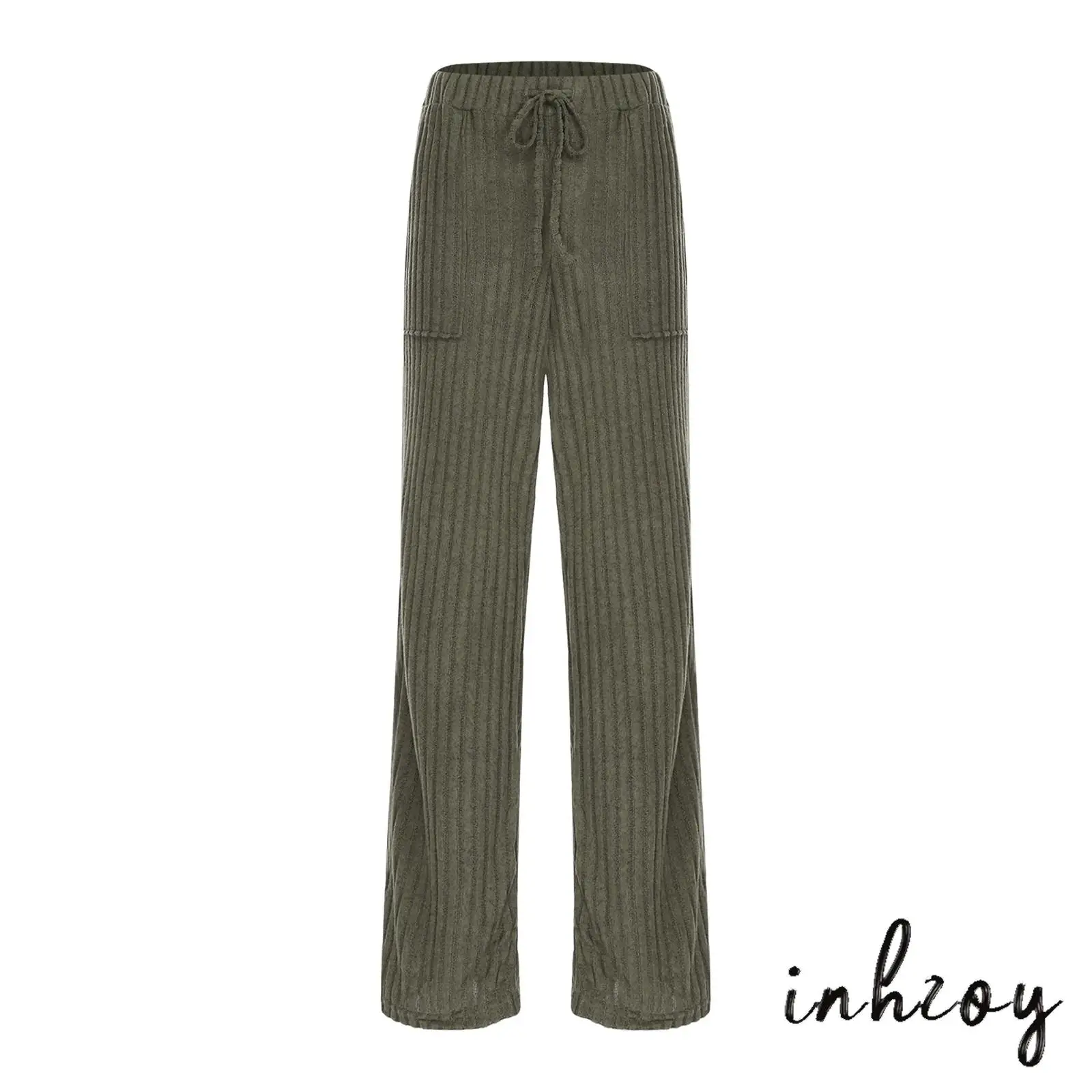 

Fashion Womens Cozy Ribbed Wide Leg Pants with Elastic Waist And Drawstring Pockets Knitted Loose Trousers for Casual Going Out