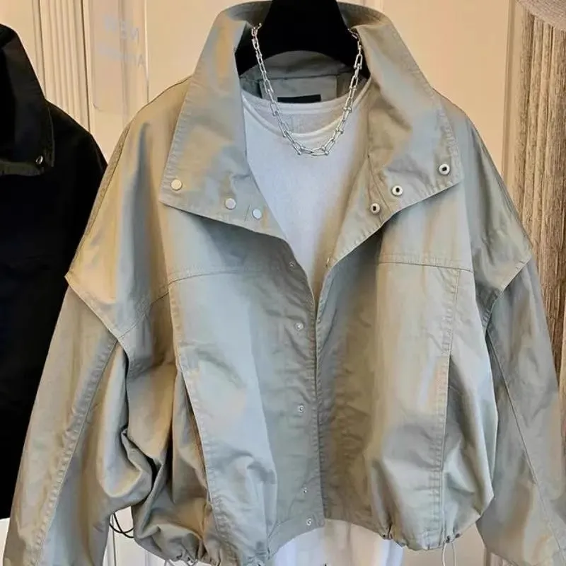 Stand Neck Short Jackets Women Fashion Long Sleeve Patchwork Contrast Loose Coats Casual Lady Street Commute Outerwear