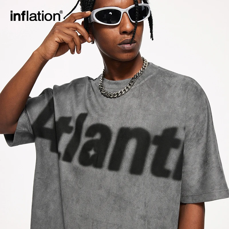 INFLATION High Street Faux Suede T-shirts Men Streetwear Oversized Tees Unisex