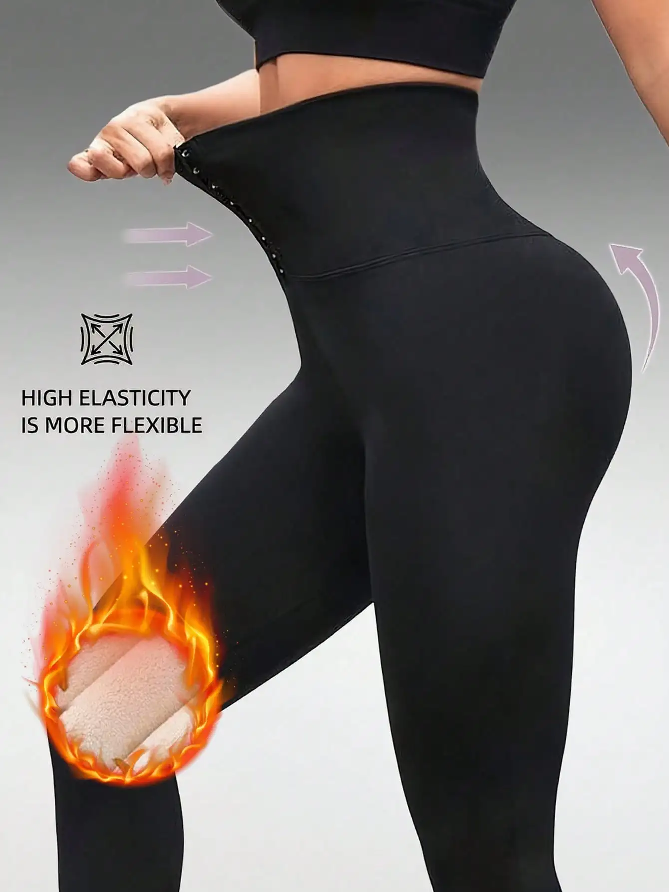 1 Piece High-Waisted Button-Closure Thermal-Lined Leggings—Sports Leggings with Opaque Front Closure Design, Sexy High-Waisted Butt-Lifting Leggings in Black