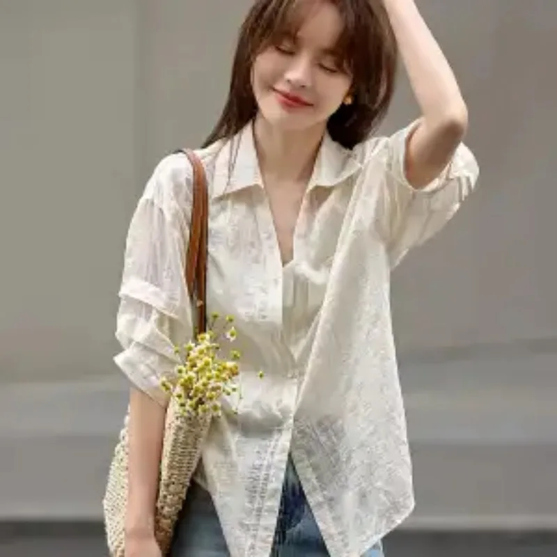 

Женская текстурированная рубашка свободного кроя с защитой от солнца, повседневная блузка с отложным воротником