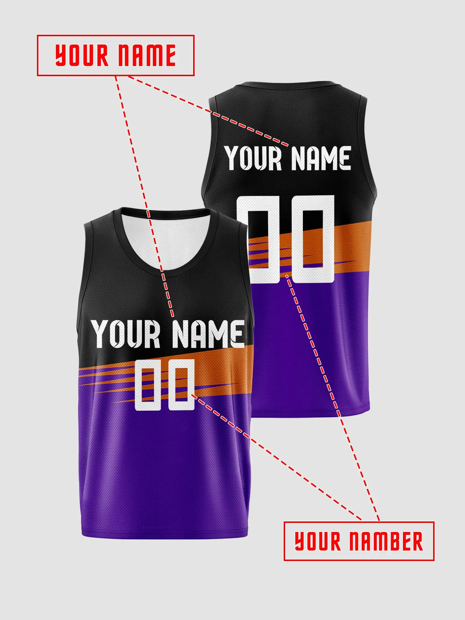 Black‑purple Dynamic Orange‑stripe Custom Basketball Jersey, Trendy Quick‑dry Mesh Vest For Custom Name & Number