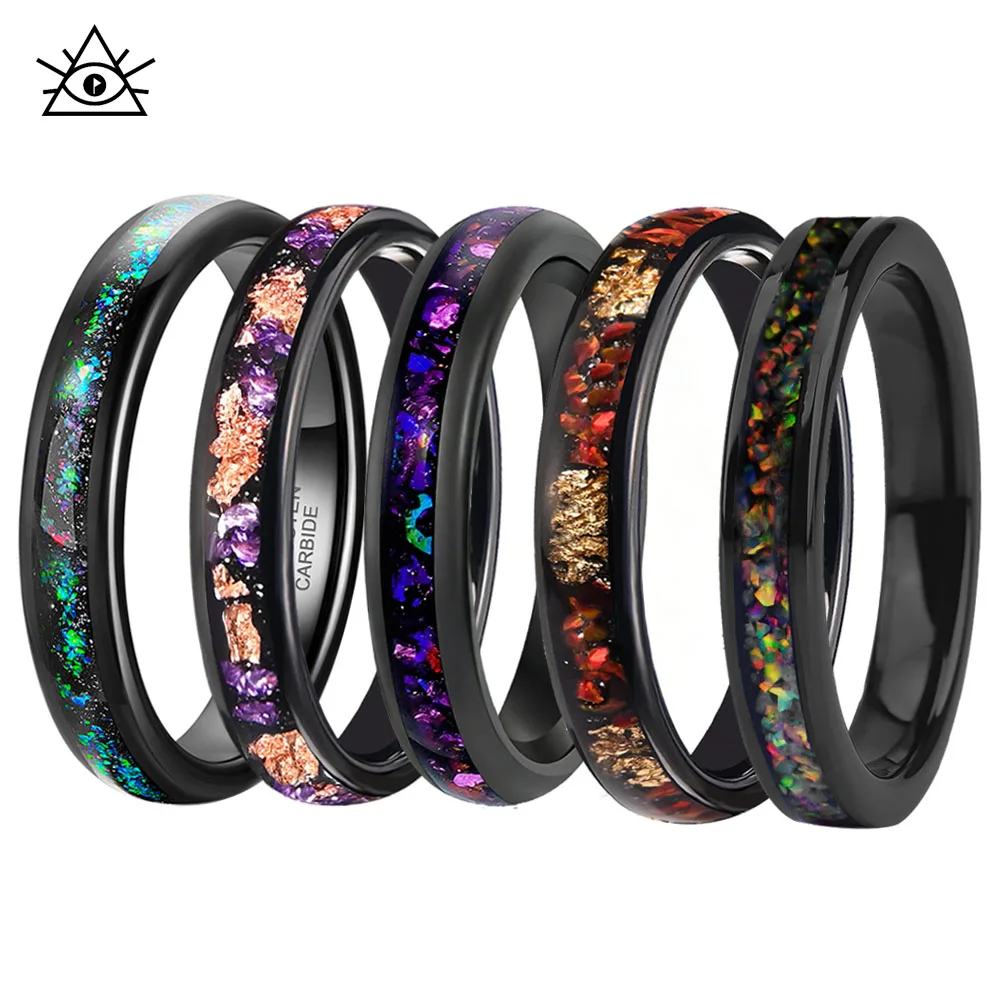 

4 мм вольфрамовая сталь Galaxy Series матовый черный инкрустированный красочный фиолетовый гравийный опал унисекс кольцо для пары