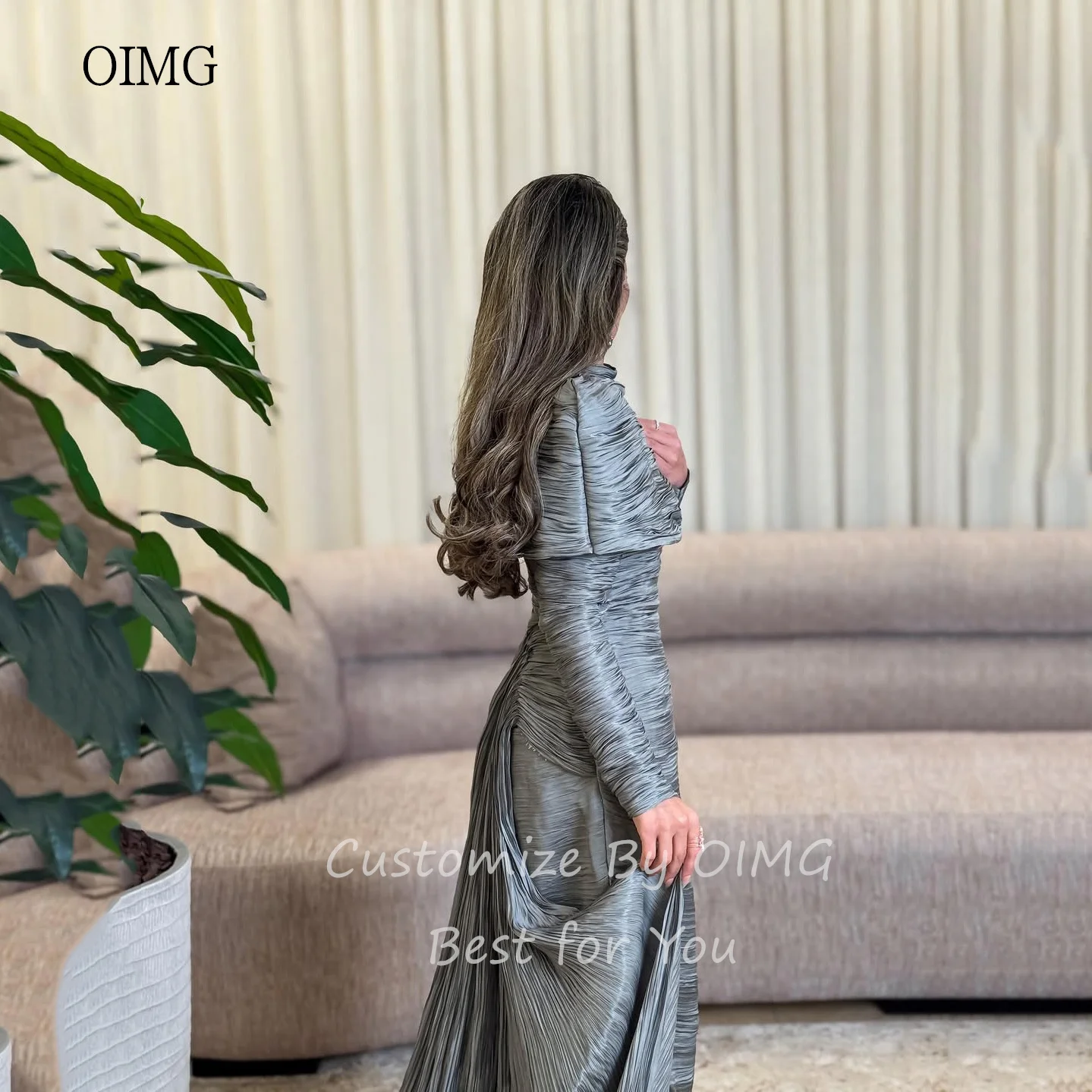 OIMG モダンハイネックマーメイドプロムガウンロングスリーブプリーツパーティーガウンフロア丈テール付きイブニングドレス2025カスタマイズ