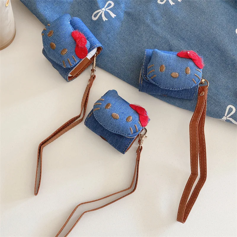 

Cute Hello Kitty Earphone Bag Cartoon Women Accessories Kt Anime Denim Earphone Protective Cover Bag Charm Kawaii Gift Wholesale