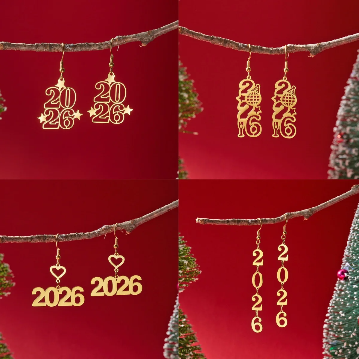 Minimalistische Edelstahl-Ohrringe mit Zahl 2026-Anhänger für Damen und Herren, goldfarben, Stern-Herz, 2026-Ohrring, Neujahrsschmuck