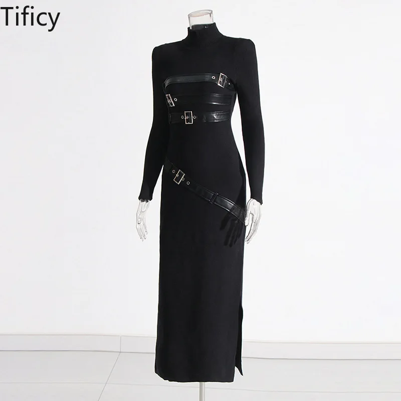 TIFICY Sexy Knitted Long Dress Women's Autumn New Product Stand Up Collar Leather Splicing Slit Tight Fitting long sleeve Dress