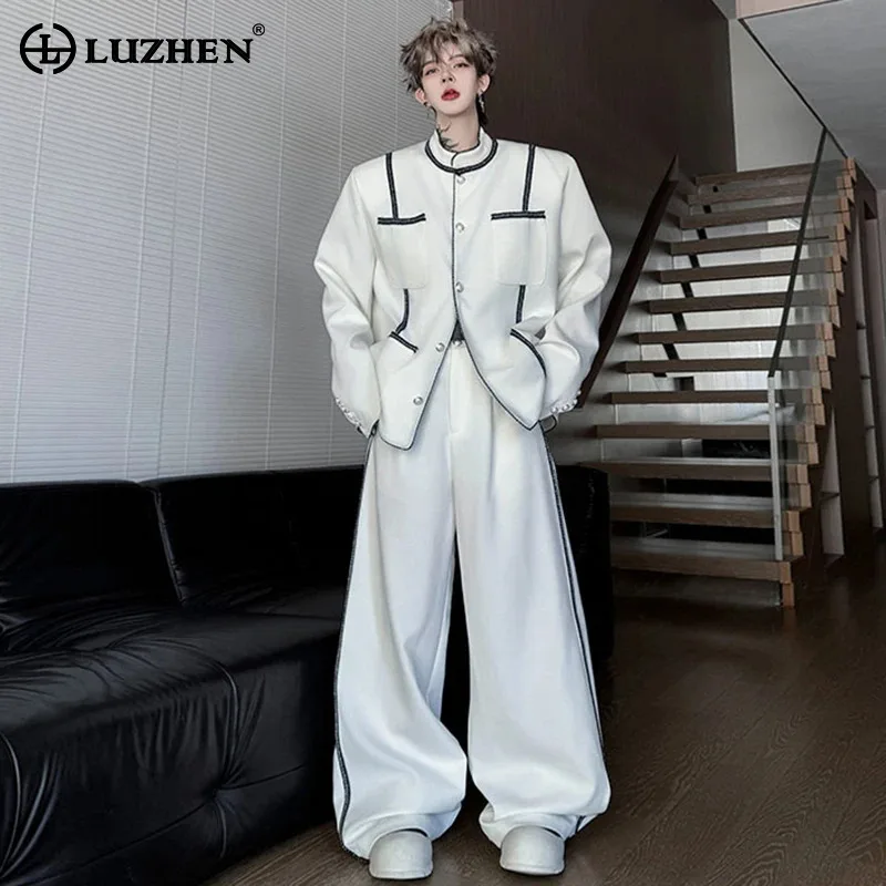 

LUZHEN Color Contrast Stripe Patchwork Design Luxury Handsome Two-piece Sets Men's New Original Street Coat Casual Pants JY4263