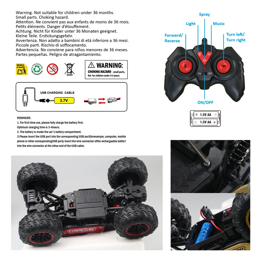 2.4g Remote Control Off-Road Alloy Car with Shock Absorbers, Climbing Fast Car with Music, Lights, and Spray, Children's Electric Rc Toy, Boys' Holiday Gift