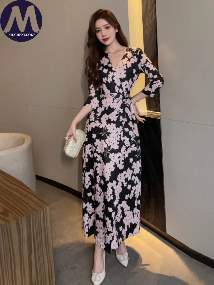 Elegant Three-Quarter Sleeve Dress for Women, V Neck, Slim Fit, Side Fork, Lace Up Dress, Sexy Printing, Summer Fashion, New