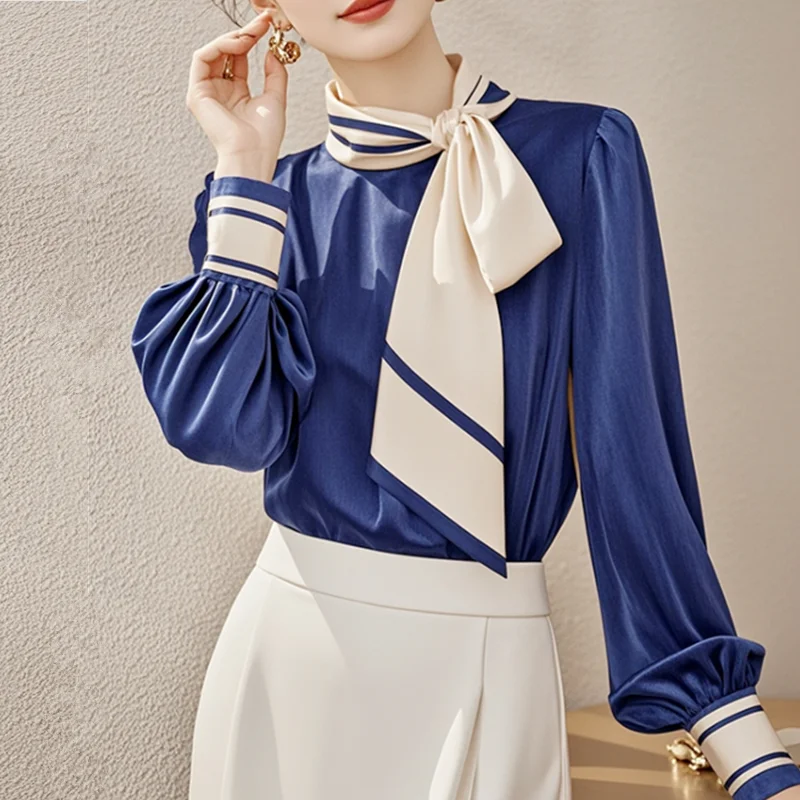 

Женские офисные рубашки высокого качества с длинным рукавом и поясом с бантами, вечерние туники, топы, винтажные длинные блузки с принтом, рубашки NZ224