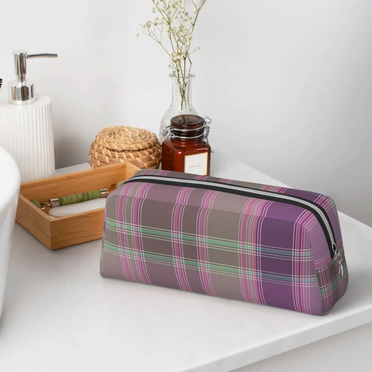 Green And Lilac Tartan Plaid Pencil Cases for Student Gifts Pen Box Pencil Bag Pencil Pouch Pen Holder