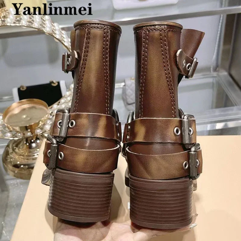 Suede Leather Motorcycle Boots Women Round Toe Slip-On Ankle Boots Punk Shoes Metal Belt Buckle Short Boots For Woman Botas Muje