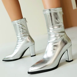Elegant Ankle Boots for Women New 2024 Winter Black Gold Silver White Short Boot Heeled Zipper Party Shoes Lady Large Size 48