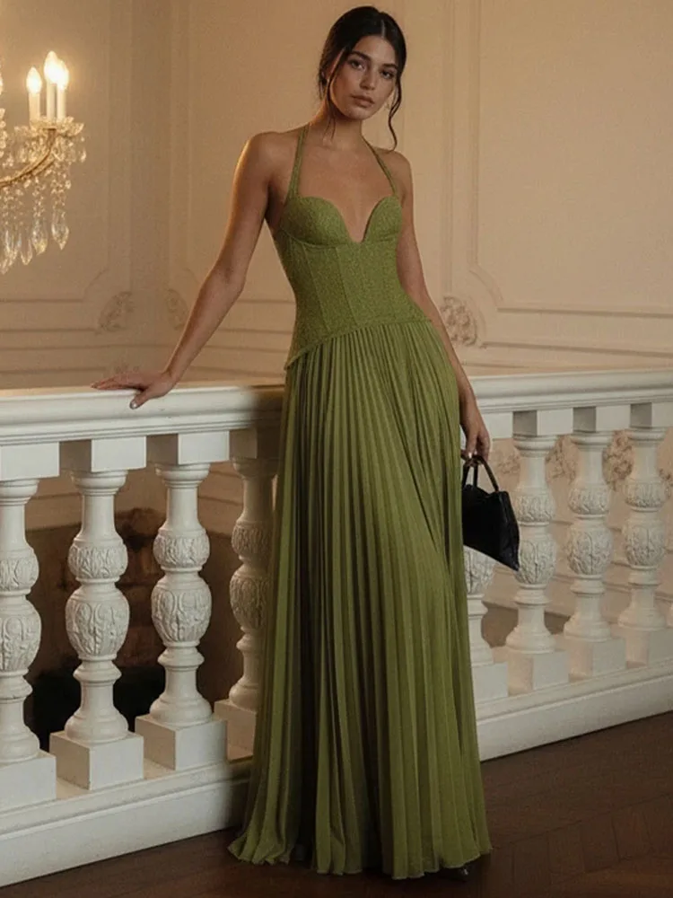 

Женское макси-платье MCDV с корсетом-«рыбьей костью», зеленое, с открытыми плечами, плиссированное, в стиле пэчворк, облегающее, элегантное, для вечеринок