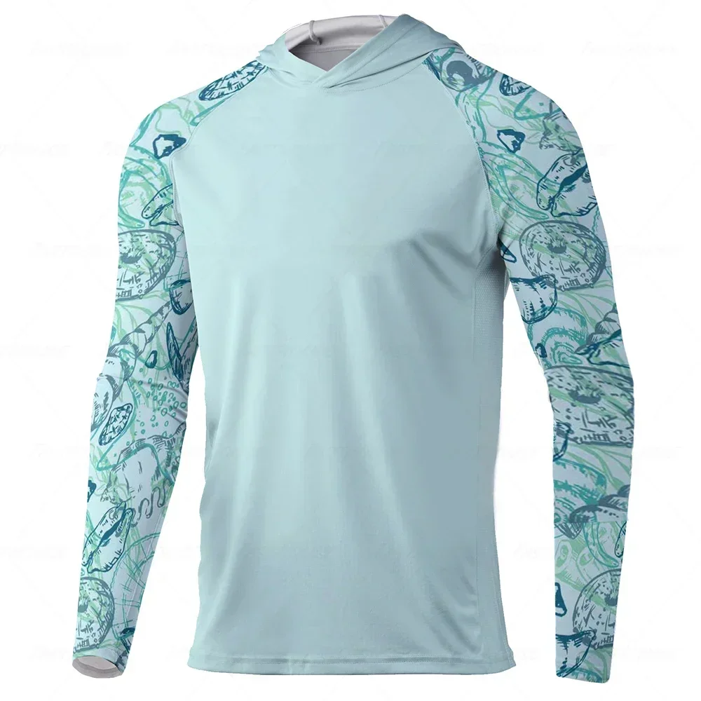 

Men's hooded fishing shirt, long sleeved fishing outfit, UV resistant fishing shirt