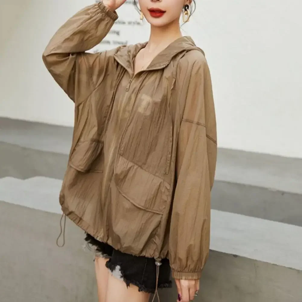 

Women Sunscreen Clothing Hooded Drawstring Long Sleeve Summer Sunblock Jacket with Side Pockets Hooded UV Protective Thin Jakcet