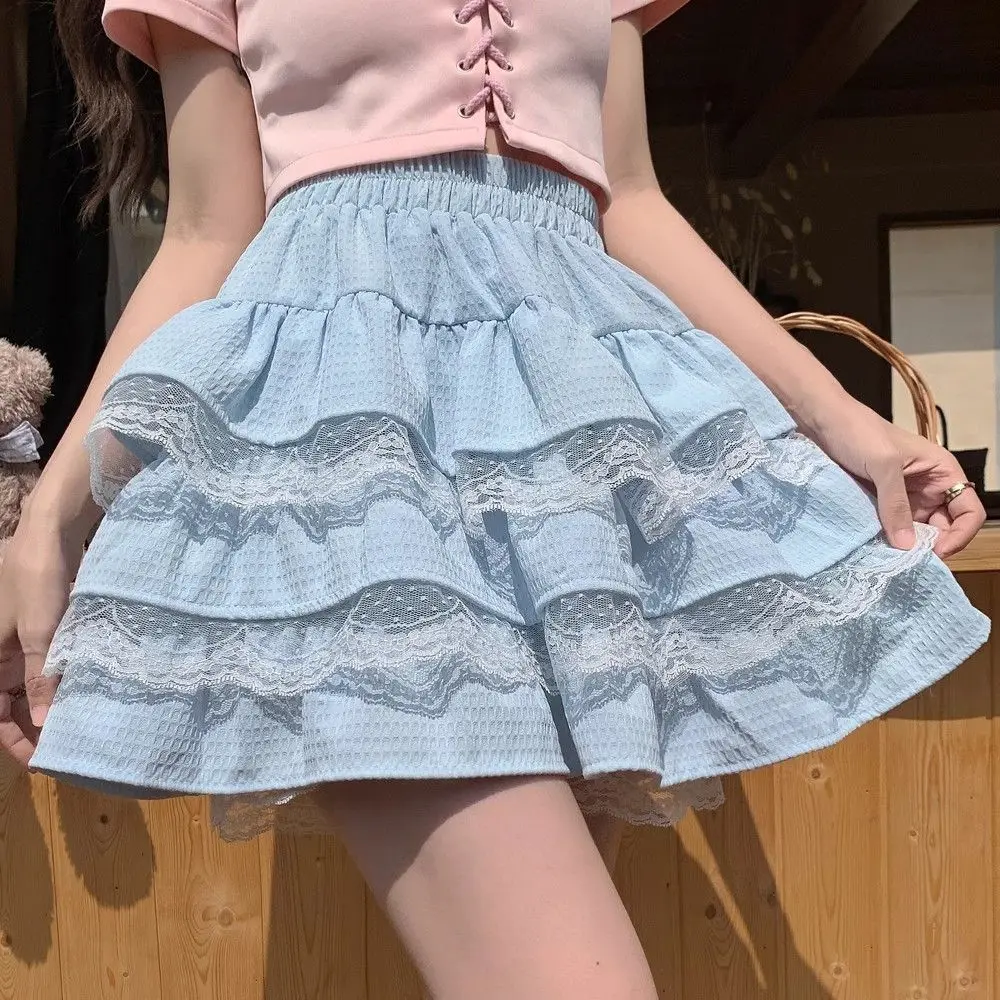 

2024 New Fashion Patchwork Lace Mini Dress Summer Young Style Sweet Women's Clothing Elastic Waist Solid Color A-line Skirt