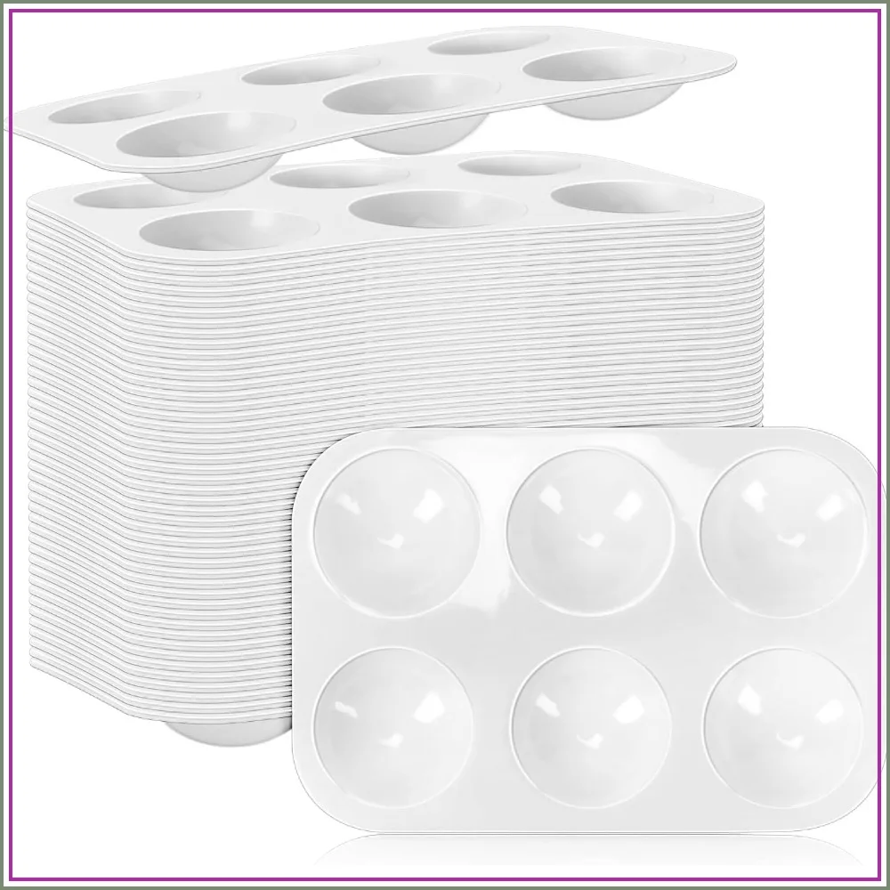 50 Pack 6-Well Plastic Paint Palettes for Kids & Adults, White Rectangular Paint Trays for Watercolor, Acrylic, Oil Painting, DIY Crafts, Art Class Supplies